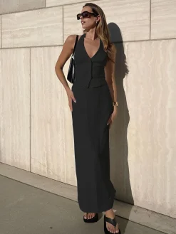 COMMENSE Solid V-Neck Backless Tie Up Halter & Split Maxi Skirt Set* Skirt Sets|Long Sleeve Sets