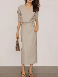 COMMENSE Solid V-neck Belted Two Piece Skirt Set* Skirt Sets|Long Sleeve Sets