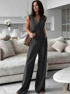 COMMENSE Solid V-Neck Waistcoat With Wide Leg Pants Set* Pants Sets|Wide Leg