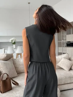 COMMENSE Solid V-Neck Waistcoat With Wide Leg Pants Set* Pants Sets|Wide Leg