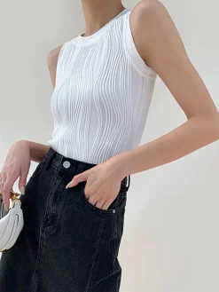 COMMENSE Solid Wavy Textured Tank Top* Knitwear|Tops