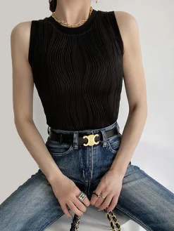 COMMENSE Solid Wavy Textured Tank Top* Knitwear|Tops