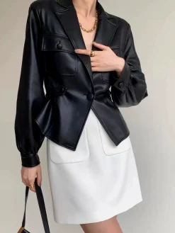 COMMENSE Split Belted Faux Leather Jacket* Outerwear|Jackets