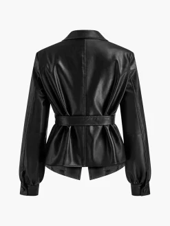 COMMENSE Split Belted Faux Leather Jacket* Outerwear|Jackets