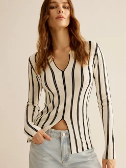 COMMENSE Split Pinstripe Slim Knit Top* Sweater Tops|Sweaters & Cardigans