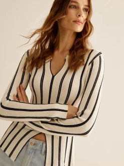 COMMENSE Split Pinstripe Slim Knit Top* Sweater Tops|Sweaters & Cardigans