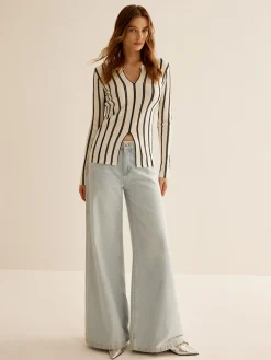 COMMENSE Split Pinstripe Slim Knit Top* Sweater Tops|Sweaters & Cardigans
