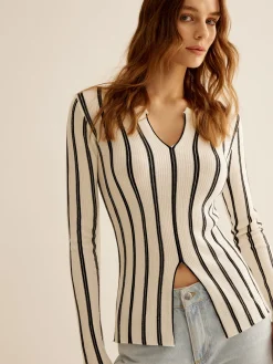 COMMENSE Split Pinstripe Slim Knit Top* Sweater Tops|Sweaters & Cardigans
