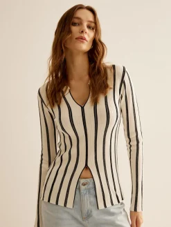 COMMENSE Split Pinstripe Slim Knit Top* Sweater Tops|Sweaters & Cardigans