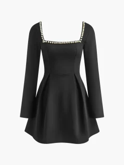 COMMENSE Square Collar Beaded Decor Pleated Dress* Black Dresses|Casual Dresses