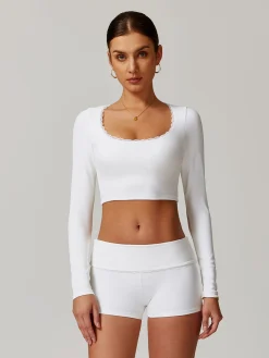 COMMENSE Square Collar Lettuce Trim Crop Active Top* Crop Tops|Activewear