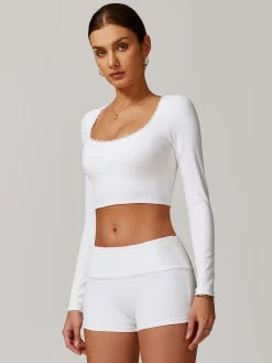 COMMENSE Square Collar Lettuce Trim Crop Active Top* Crop Tops|Activewear