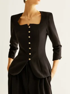 COMMENSE Square Neck Button Down Slit Blouse* Blouses & Shirts|Tops
