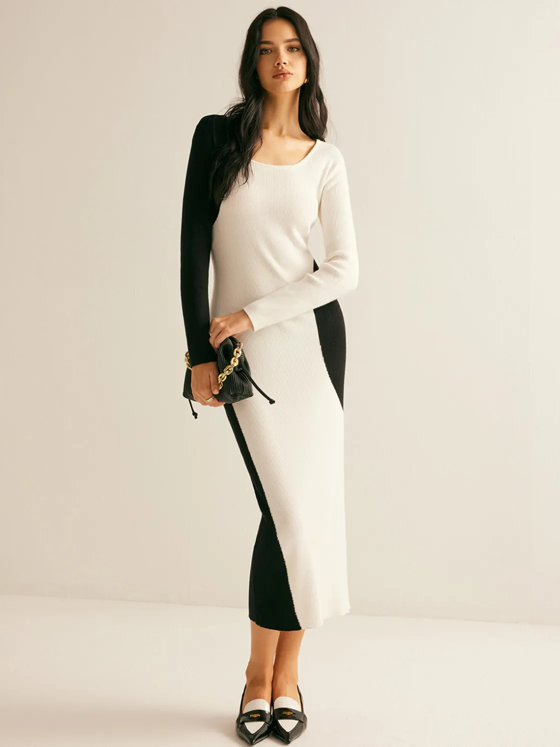 COMMENSE Square Neck Color Block Sweater Dress* White Dresses|Sweater Dresses