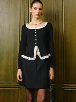 COMMENSE Square Neck Contrast Lettuce Trim Slit Blouse* Tops