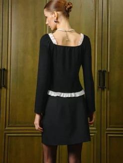 COMMENSE Square Neck Contrast Lettuce Trim Slit Blouse* Tops