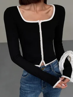 COMMENSE Square Neck Contrast Trim Long Sleeve Knit Shirt* T-shirts|Knitwear