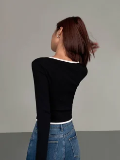COMMENSE Square Neck Contrast Trim Long Sleeve Knit Shirt* T-shirts|Knitwear