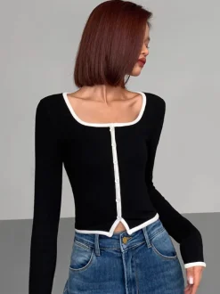 COMMENSE Square Neck Contrast Trim Long Sleeve Knit Shirt* T-shirts|Knitwear