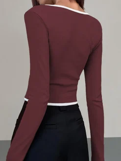 COMMENSE Square Neck Contrast Trim Long Sleeve Knit Shirt* T-shirts|Knitwear