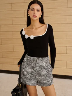 COMMENSE Square Neck 3D Flower Knit Top* Sweater Tops|Sweaters & Cardigans