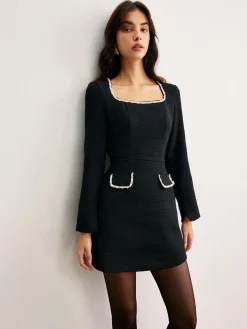COMMENSE Square Neck Pearl Beaded Dress* Casual Dresses|Work Dresses