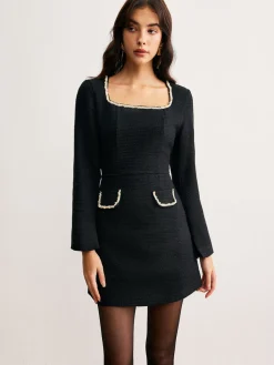 COMMENSE Square Neck Pearl Beaded Dress* Casual Dresses|Work Dresses