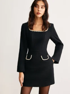COMMENSE Square Neck Pearl Beaded Dress* Black Dresses|Casual Dresses