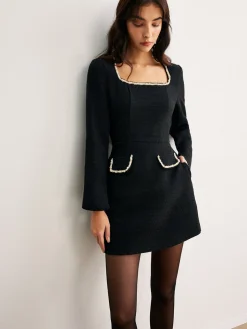 COMMENSE Square Neck Pearl Beaded Dress* Black Dresses|Casual Dresses