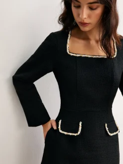 COMMENSE Square Neck Pearl Beaded Dress* Black Dresses|Casual Dresses