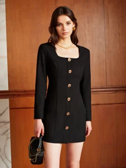 COMMENSE Square Neck Pockets Slim Dress* Black Dresses|Casual Dresses