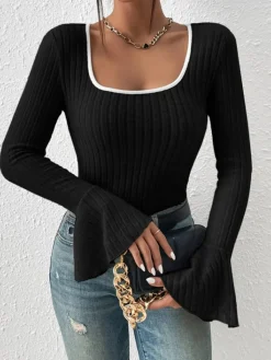 COMMENSE Square Neck Ruffle-Cuff Slim Top* T-shirts