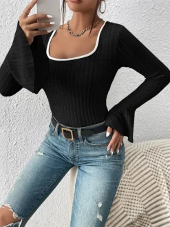 COMMENSE Square Neck Ruffle-Cuff Slim Top* T-shirts