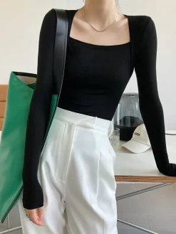 COMMENSE Square Neck Solid Long Sleeve Shirt* Sweater Tops|T-shirts