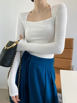 COMMENSE Square Neck Solid Long Sleeve Shirt* Sweater Tops|T-shirts