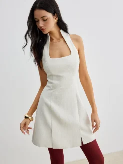COMMENSE Square Neck Tweed Zipper Dress* White Dresses|Casual Dresses