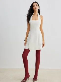COMMENSE Square Neck Tweed Zipper Dress* White Dresses|Casual Dresses