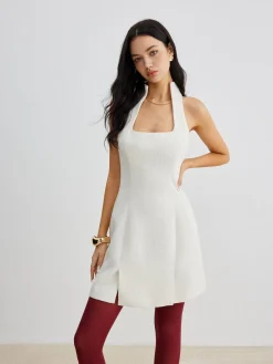 COMMENSE Square Neck Tweed Zipper Dress* White Dresses|Casual Dresses