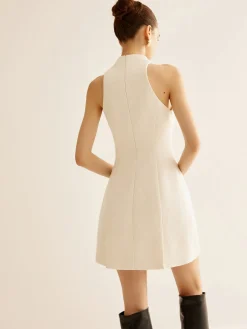 COMMENSE Square Neck Tweed Zipper Dress* White Dresses|Casual Dresses
