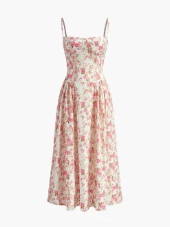 COMMENSE Square Neck Zipper Floral Dress* Floral Dresses|Summer Dresses