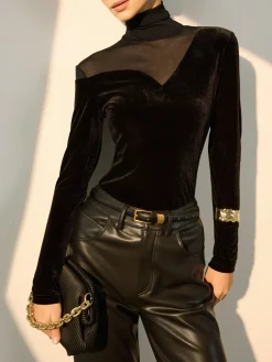 COMMENSE Stacking Neck Sheer-Detail Velvet Blouse* Blouses & Shirts|Tops