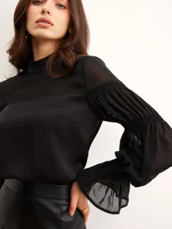 COMMENSE Stand Collar Chiffon Panel Blouse* Blouses & Shirts|Tops