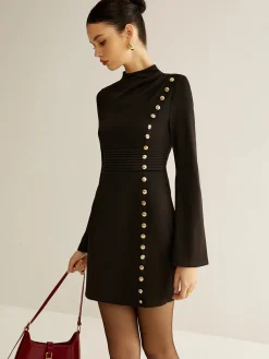 COMMENSE Stand Collar Cinched Short Dress* Black Dresses|Casual Dresses