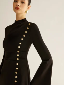 COMMENSE Stand Collar Cinched Short Dress* Black Dresses|Casual Dresses