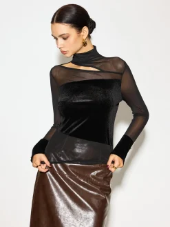 COMMENSE Stand Collar Cutout Mesh-Detail Velvet Top* Tops