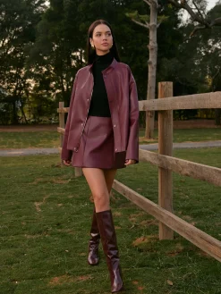 COMMENSE Stand Collar Faux Leather Zipper Jacket* Outerwear|Matching Sets