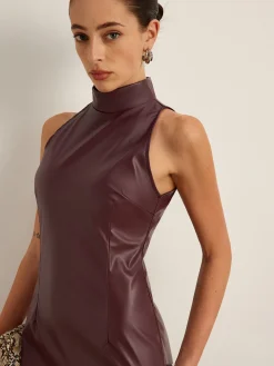 COMMENSE Stand Collar Faux Leather Skinny Tank Dress* Dresses