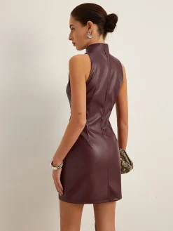 COMMENSE Stand Collar Faux Leather Skinny Tank Dress* Dresses