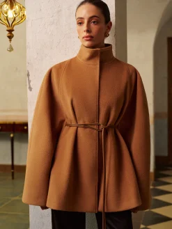 COMMENSE Stand Collar Lariat-Belted Warm Cloak* Outerwear|Tops