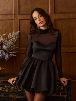 COMMENSE Stand Collar Pleated Mesh Panel Dress* Dresses